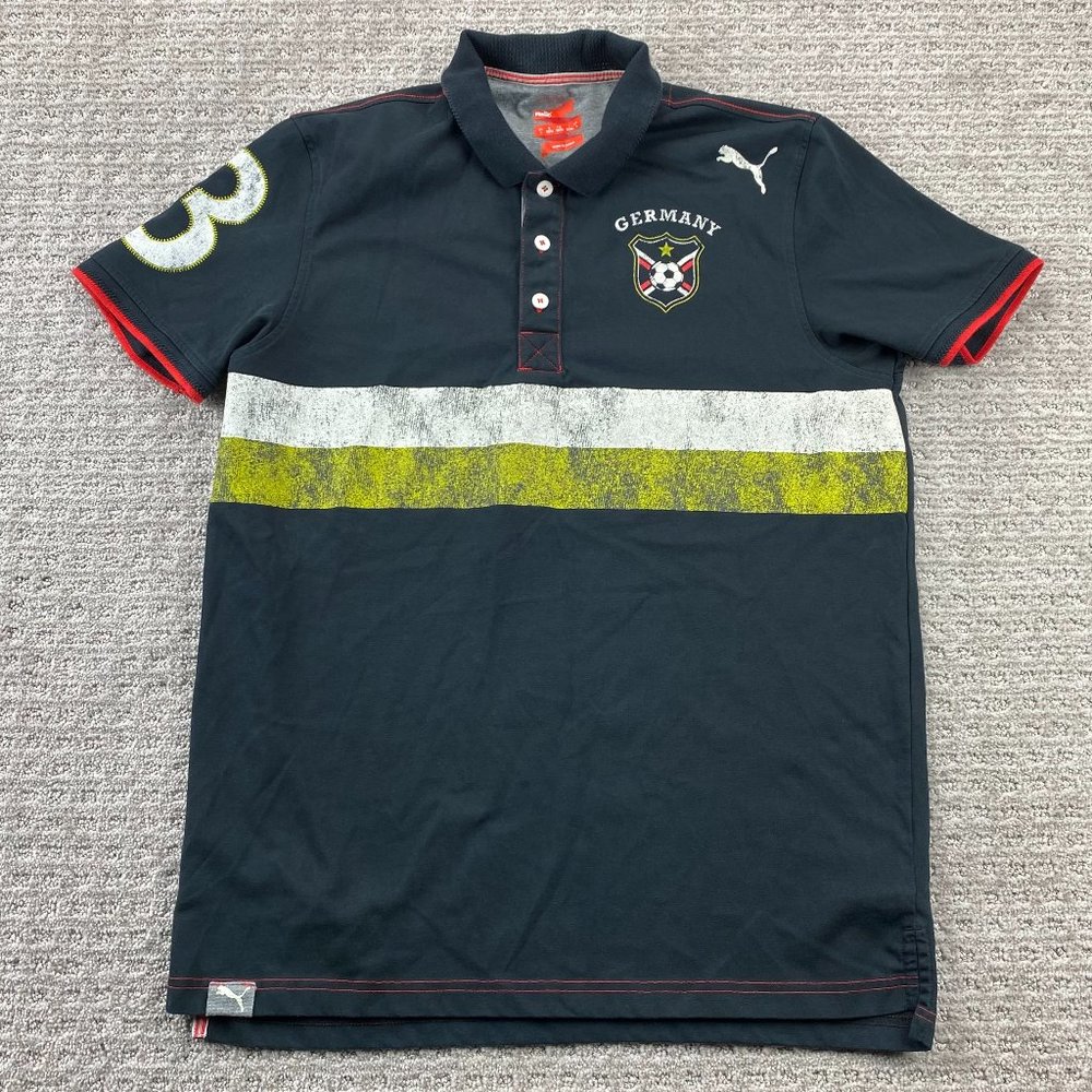 Puma Soccer Germany Polo Shirt Men Large L Black Green White Stripe Casual Sport